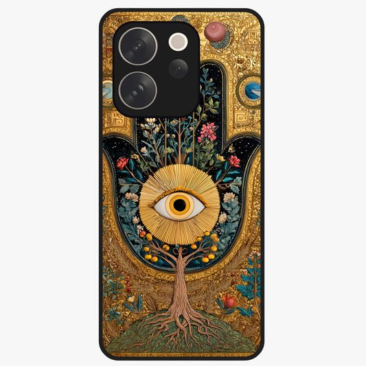 Ethereal Evil Eye Glass Case showing flat back view with mystical evil eye artwork and glossy glass finish.
