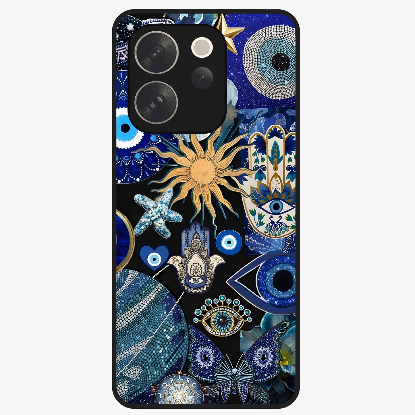 Evil Eye Charm Mix Glass Case showing flat back view with multiple evil eye charms artwork and glossy glass finish.