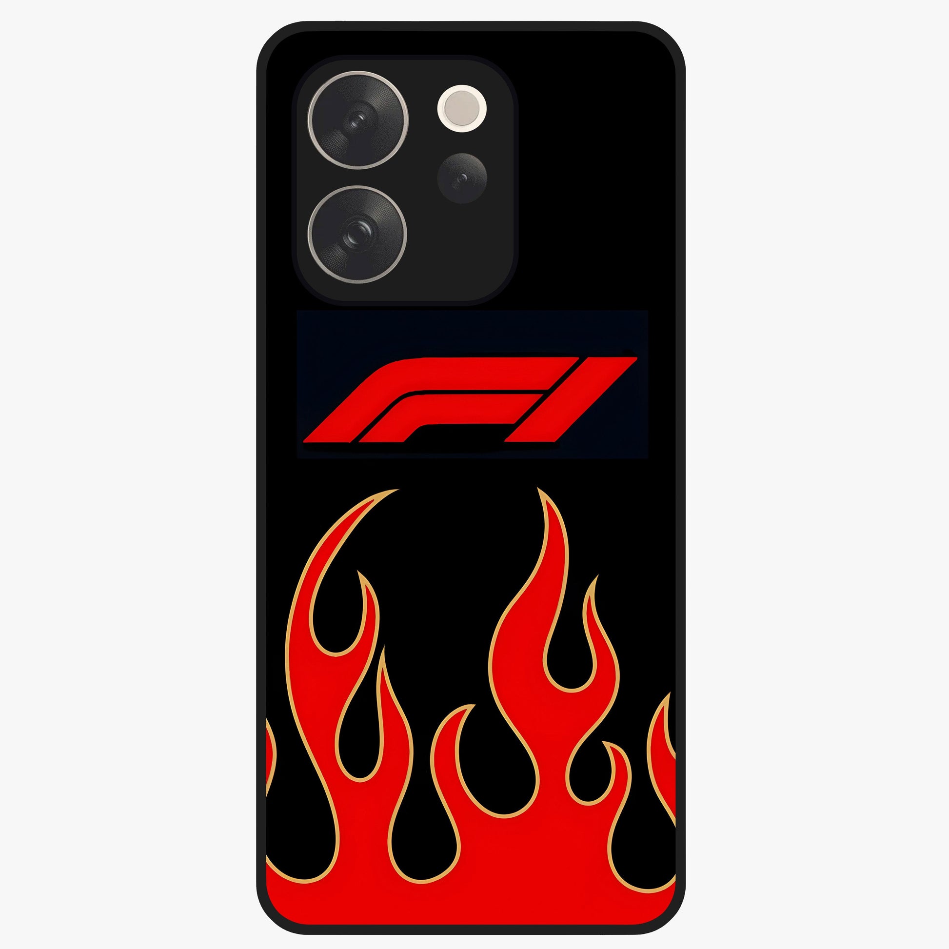 Fire F11 Glass Case showing flat back view with fiery themed artwork and glossy glass finish.