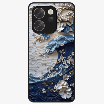 Floral Wave Origami Glass Case showing flat back view with origami inspired floral wave artwork and glossy glass finish.