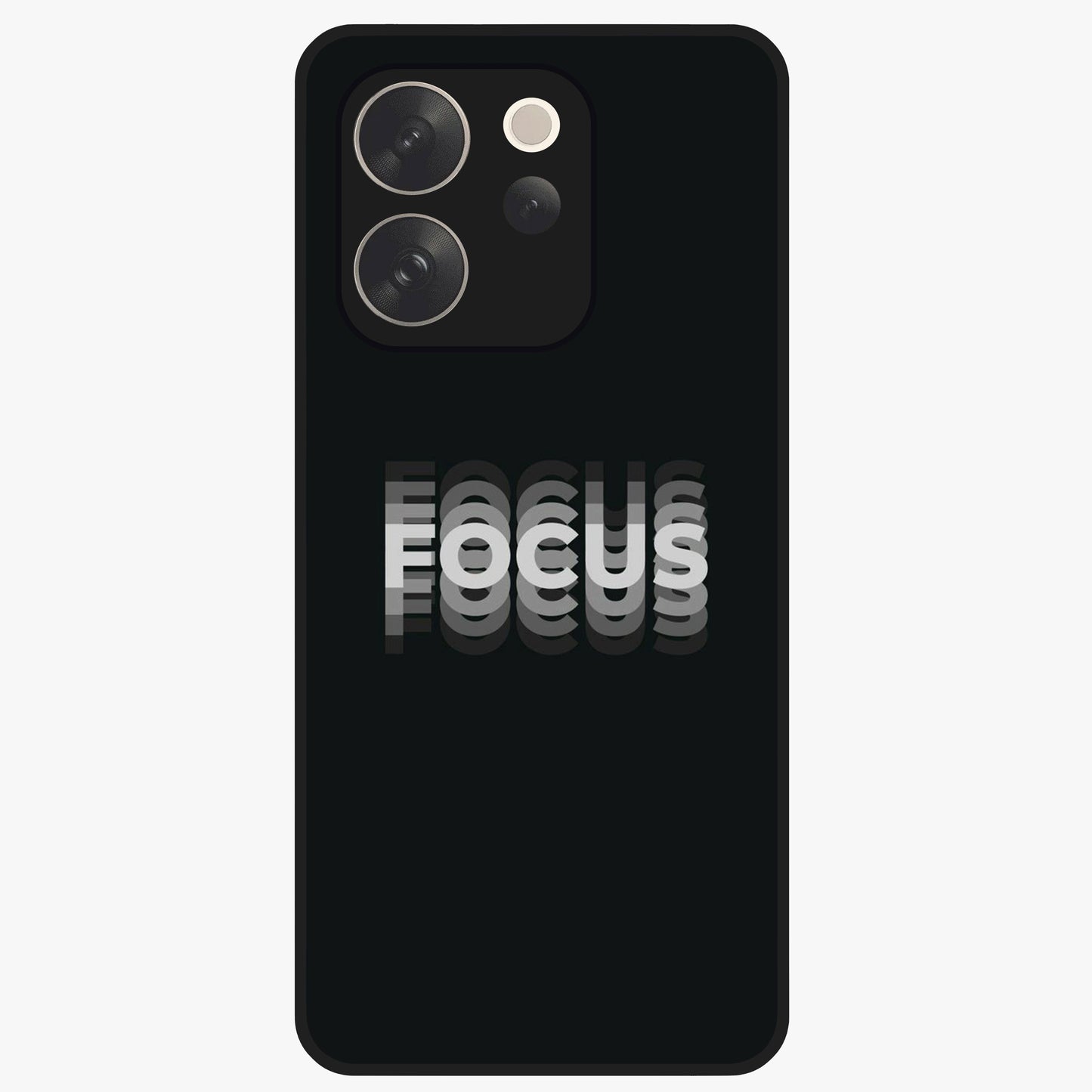 Focus Mode On Glass Case showing flat back view with bold motivational typography design and glossy glass finish.