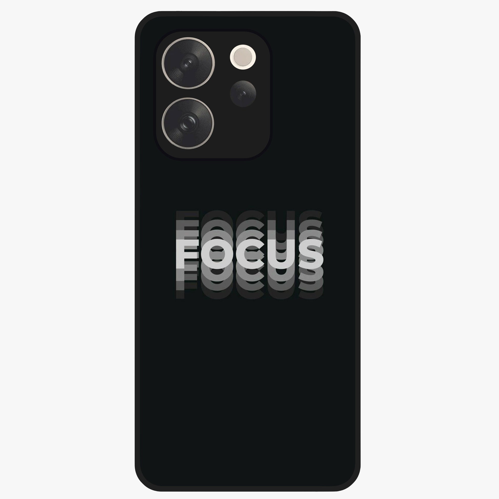 Focus Mode On Glass Case showing flat back view with bold motivational typography design and glossy glass finish.
