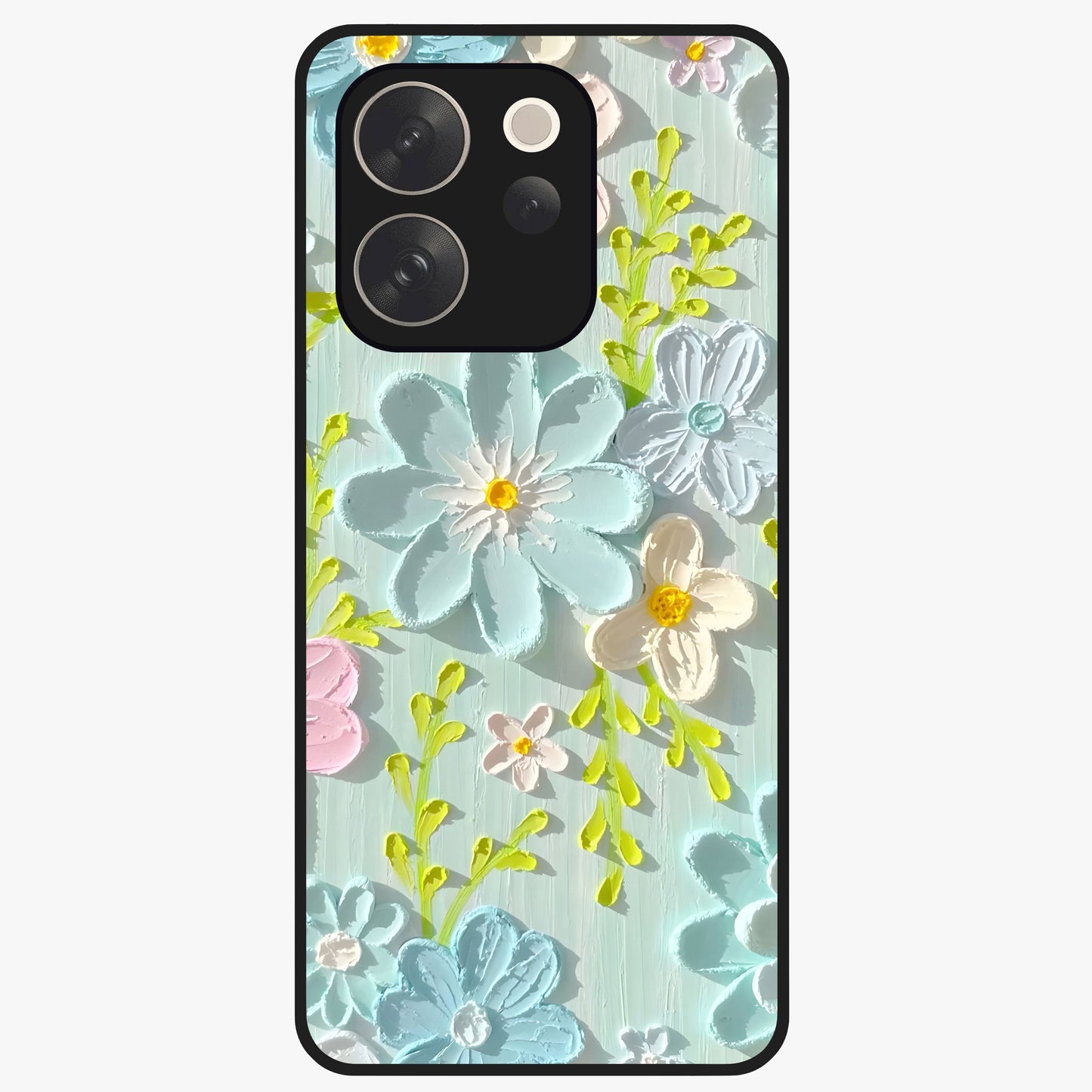Frosted Petal Garden Glass Case showing flat back view with soft frosted floral artwork and glossy glass finish.