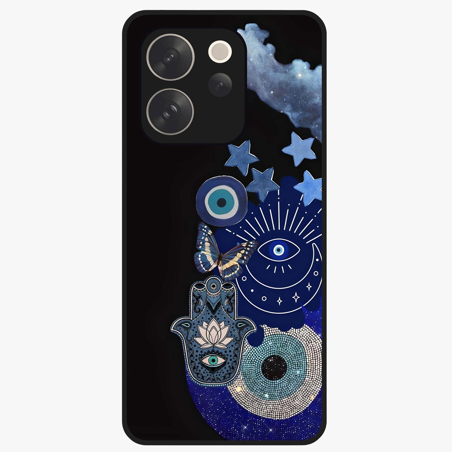 Galactic Charm Cluster Glass Case showing flat back view with glowing celestial charm artwork and glossy glass finish.