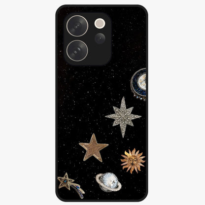 Galactic Charm Glow Glass Case showing flat back view with glowing celestial charm artwork and glossy glass finish.