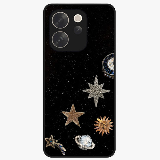 Galactic Charm Glow Glass Case showing flat back view with glowing celestial charm artwork and glossy glass finish.