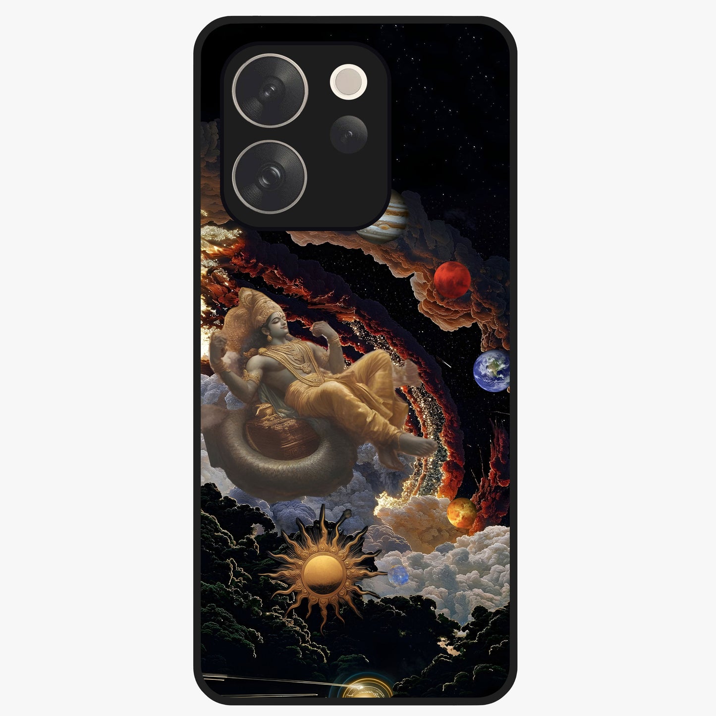 Galactic Divine God Glass Case showing flat back view with divine cosmic themed artwork and glossy glass finish.