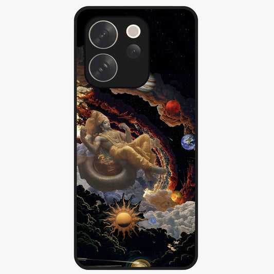 Galactic Divine God Glass Case showing flat back view with divine cosmic themed artwork and glossy glass finish.