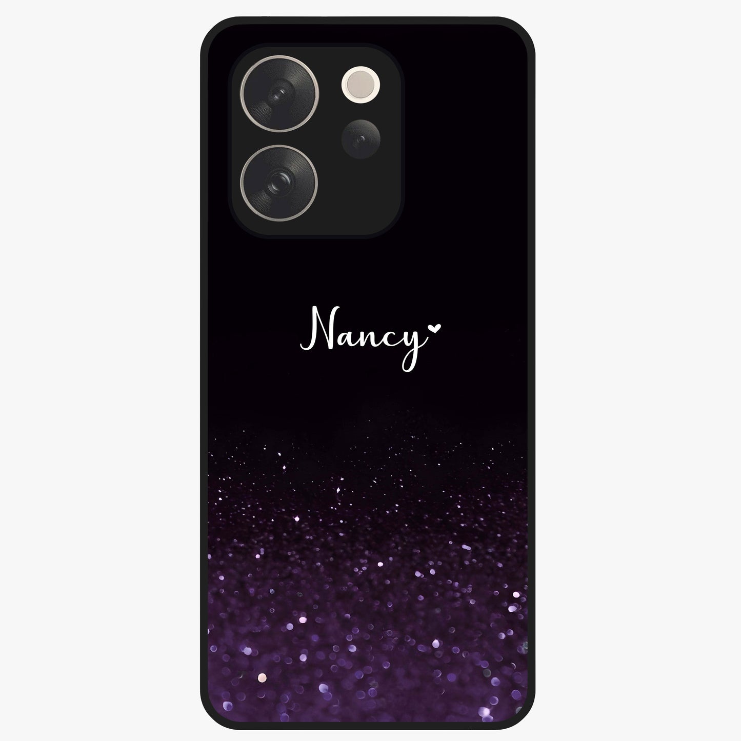 Glittery Purple Bokeh Custom Name Glass Case showing flat back view with purple bokeh sparkle artwork and personalized name design.