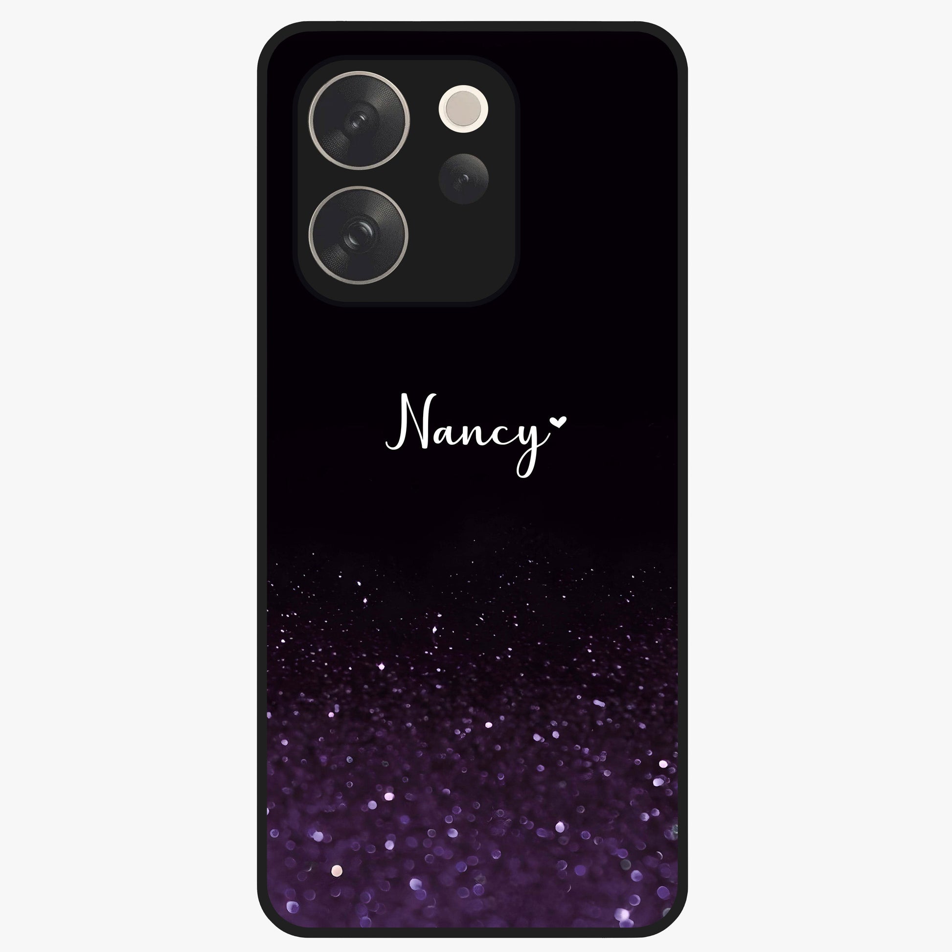 Glittery Purple Bokeh Custom Name Glass Case showing flat back view with purple bokeh sparkle artwork and personalized name design.