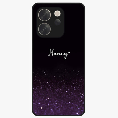 Glittery Purple Bokeh Custom Name Glass Case showing flat back view with purple bokeh sparkle artwork and personalized name design.