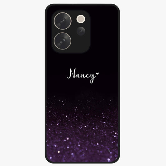 Glittery Purple Bokeh Custom Name Glass Case showing flat back view with purple bokeh sparkle artwork and personalized name design.