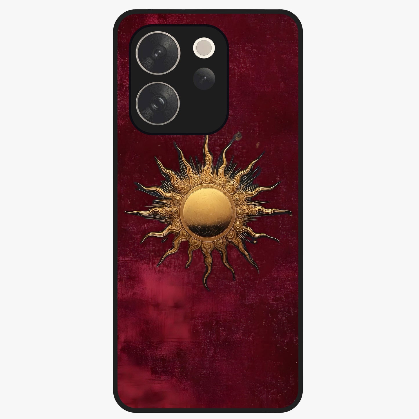 Gold Sun Blush Glass Case showing flat back view with golden sun inspired artwork and glossy glass finish.