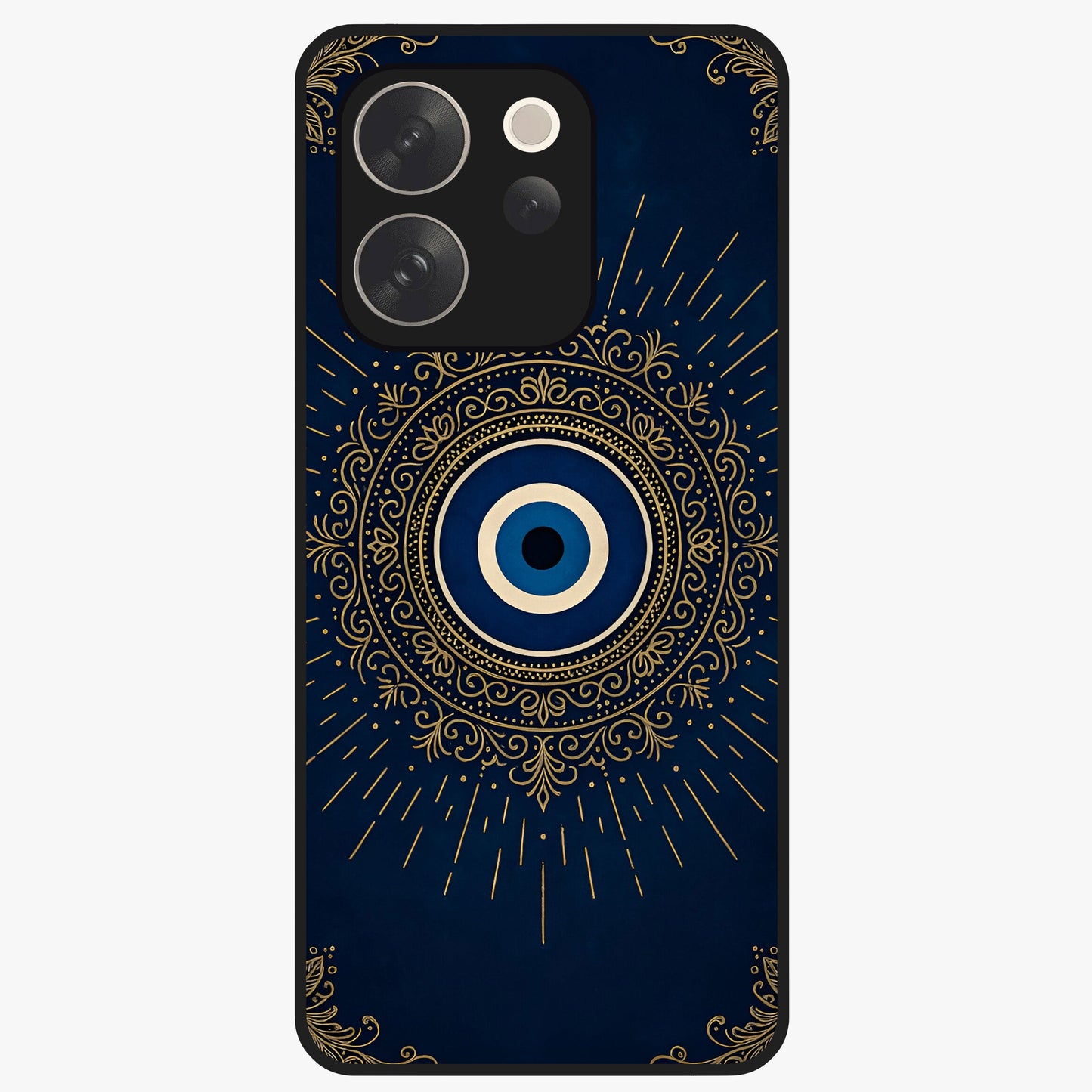 Golden Evil Eye Mandala Glass Case showing flat back view with intricate evil eye mandala artwork and glossy glass finish.