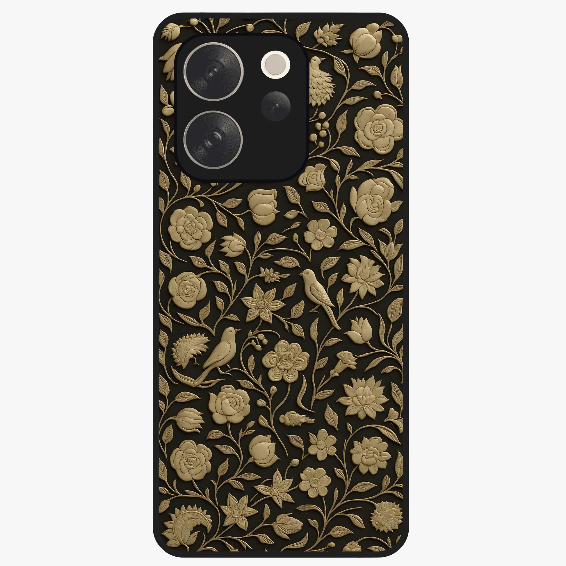 Golden Floral Majesty Glass Case showing flat back view with luxurious golden floral artwork and glossy glass finish.
