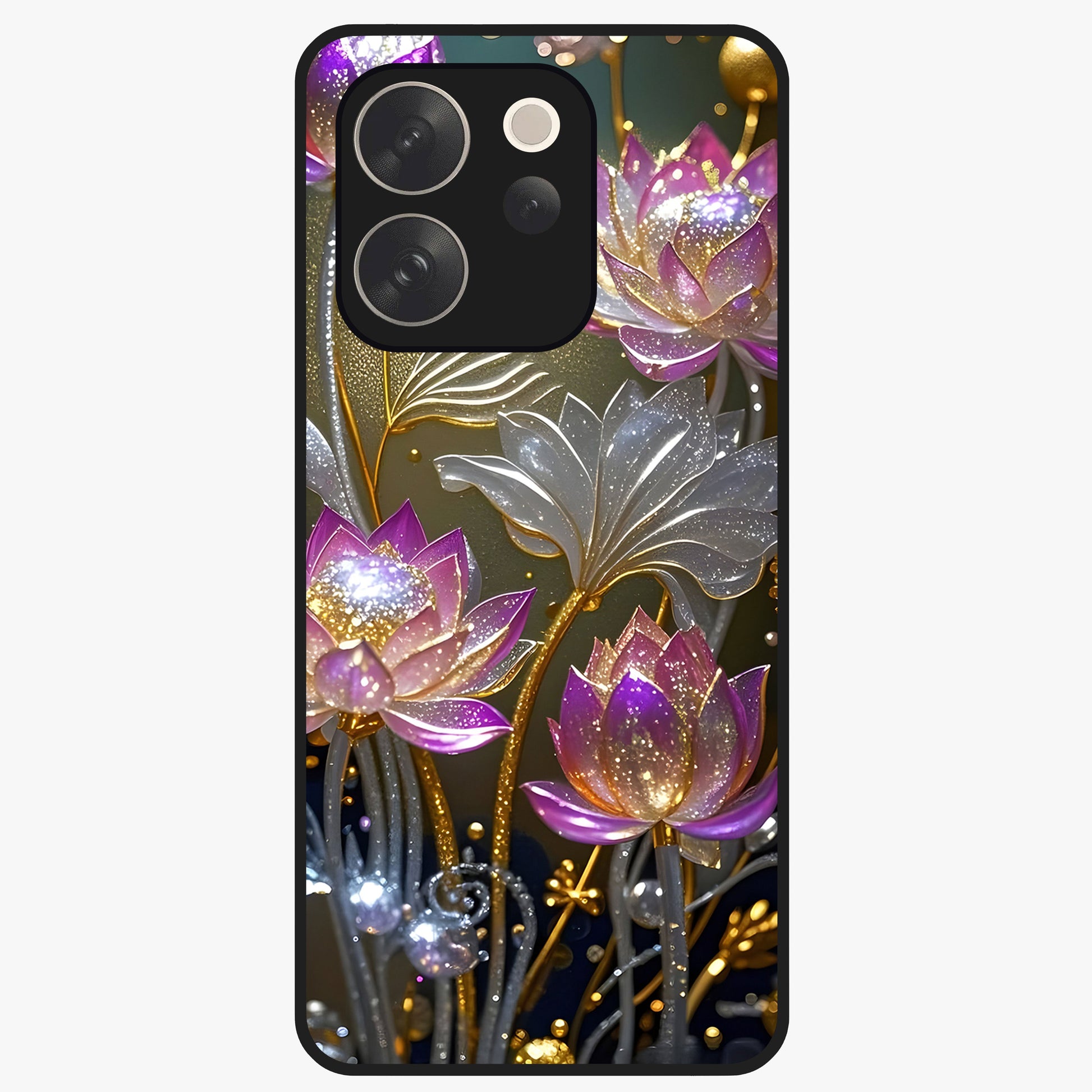 Golden Lotus Glow Glass Case showing flat back view with glowing lotus flower artwork and glossy glass finish.