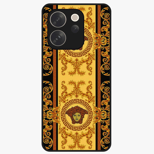 Golden Royal Heritage Glass Case showing flat back view with ornate royal pattern artwork and glossy glass finish.