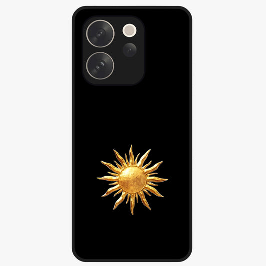 Golden Sun Minimalism Glass Case showing flat back view with minimal golden sun artwork and glossy glass finish.