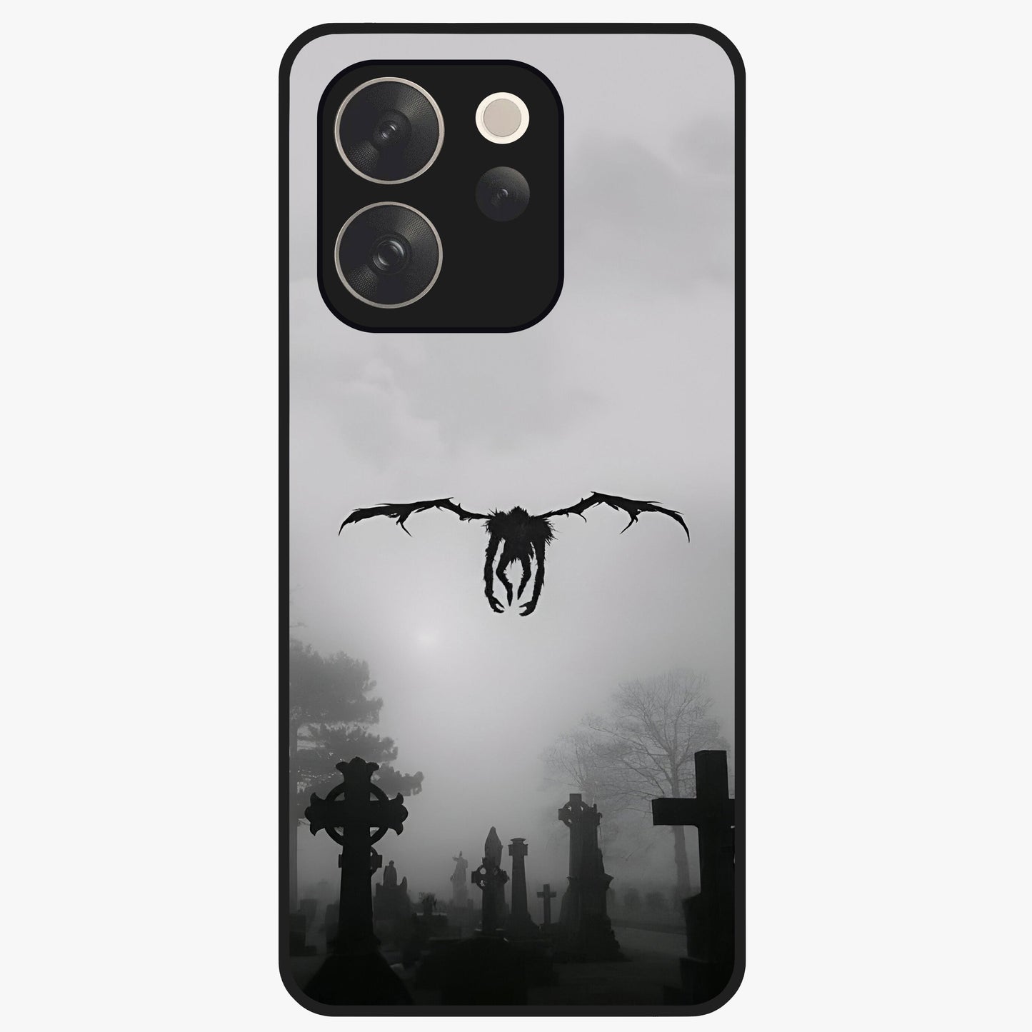 Graveyard Shadow Descent Glass Case showing flat back view with dark graveyard themed artwork and glossy glass finish.