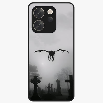Graveyard Shadow Descent Glass Case showing flat back view with dark graveyard themed artwork and glossy glass finish.