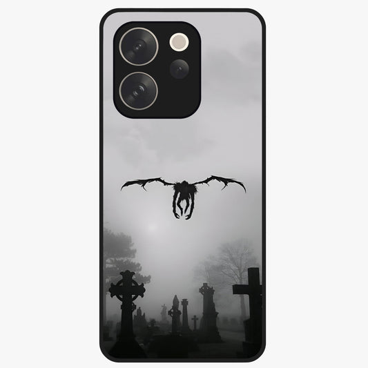 Graveyard Shadow Descent Glass Case showing flat back view with dark graveyard themed artwork and glossy glass finish.