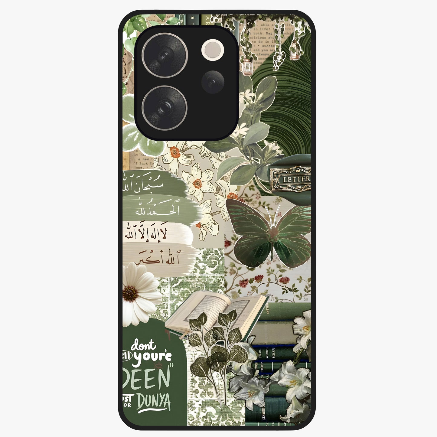 Green Islamic Books Quotes Glass Case showing flat back view with Islamic quotes and book themed artwork and glossy glass finish.
