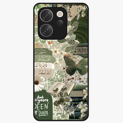 Green Islamic Books Quotes Glass Case showing flat back view with Islamic quotes and book themed artwork and glossy glass finish.