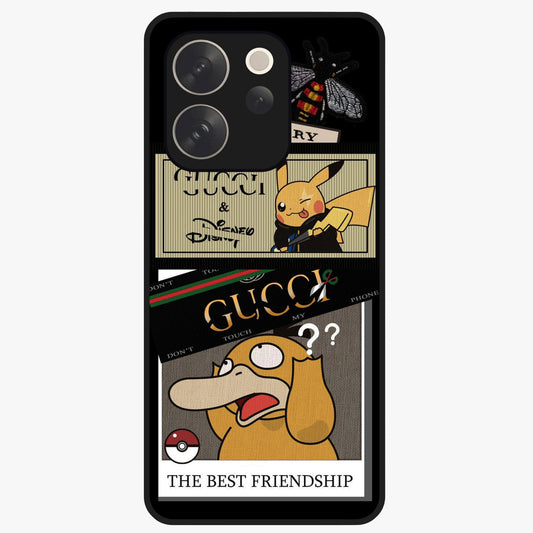 Gucci Play Mashup Glass Case showing flat back view with luxury inspired graphic artwork and glossy glass finish.