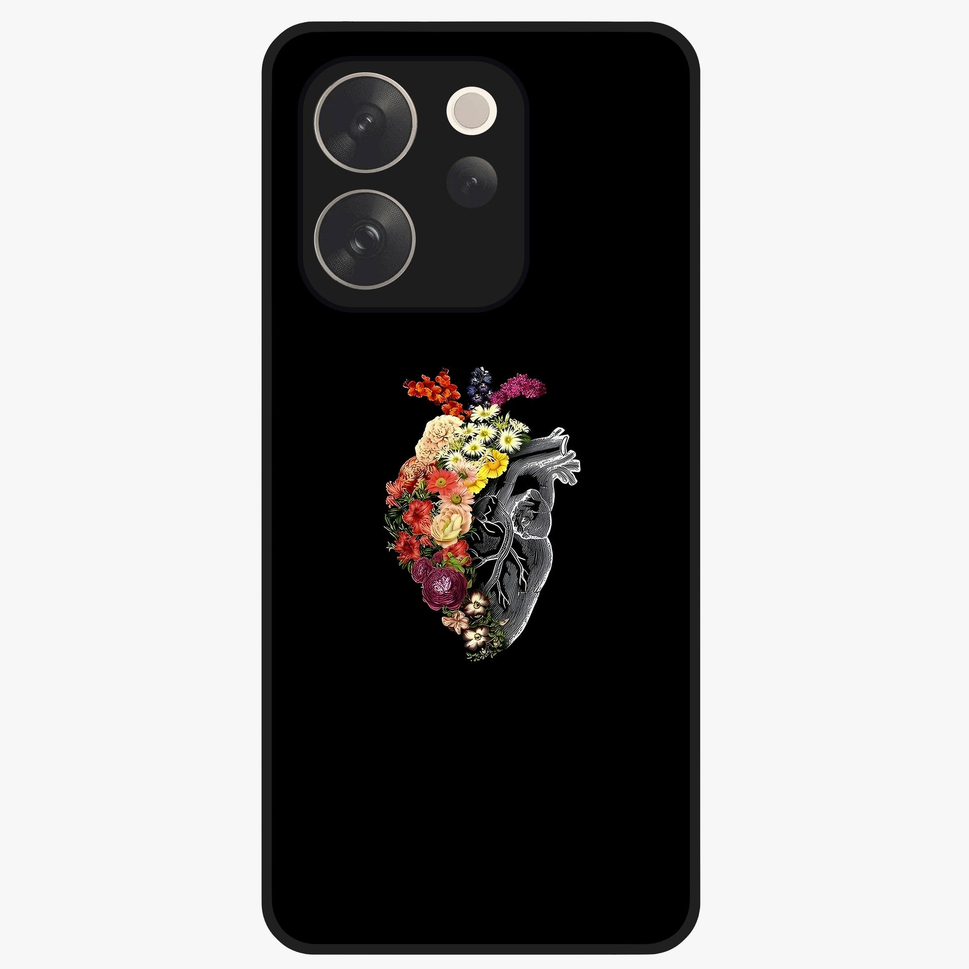 Heart With Flowers Glass Case showing flat back view with heart shaped floral artwork and glossy glass finish.