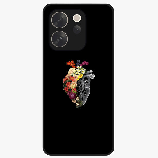 Heart With Flowers Glass Case showing flat back view with heart shaped floral artwork and glossy glass finish.