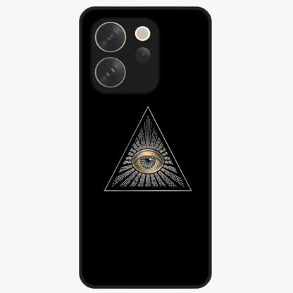 Illuminati Evil Glass Case showing flat back view with mysterious illuminati symbol artwork and glossy glass finish.