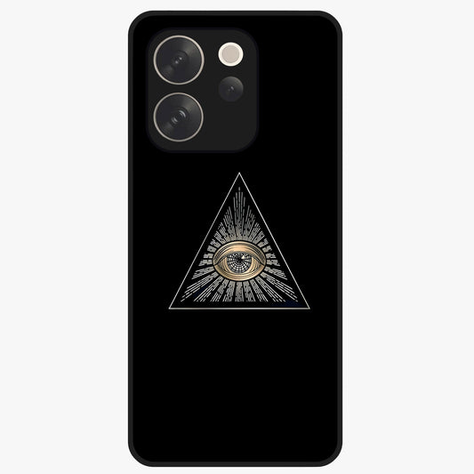 Illuminati Evil Glass Case showing flat back view with mysterious illuminati symbol artwork and glossy glass finish.