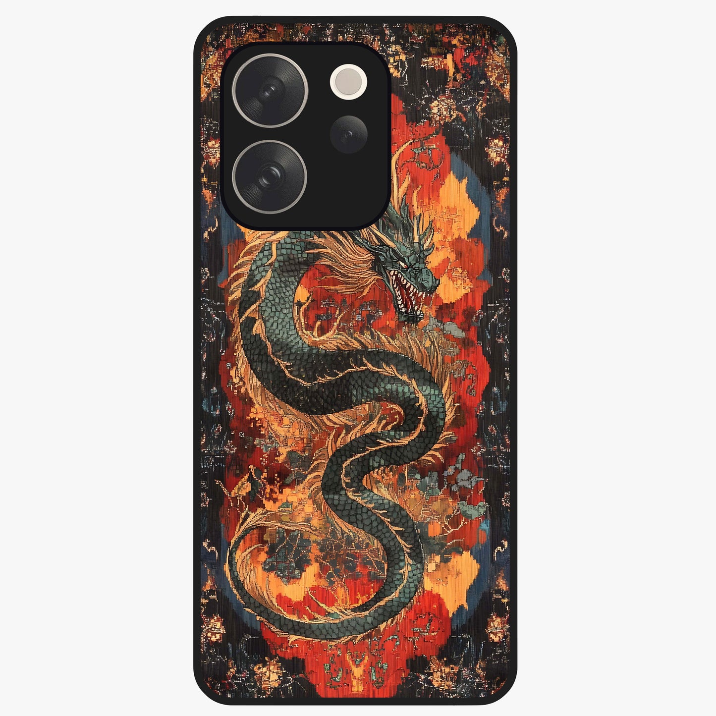 Inferno Dragon Soul Glass Case showing flat back view with fiery dragon artwork and glossy glass finish.