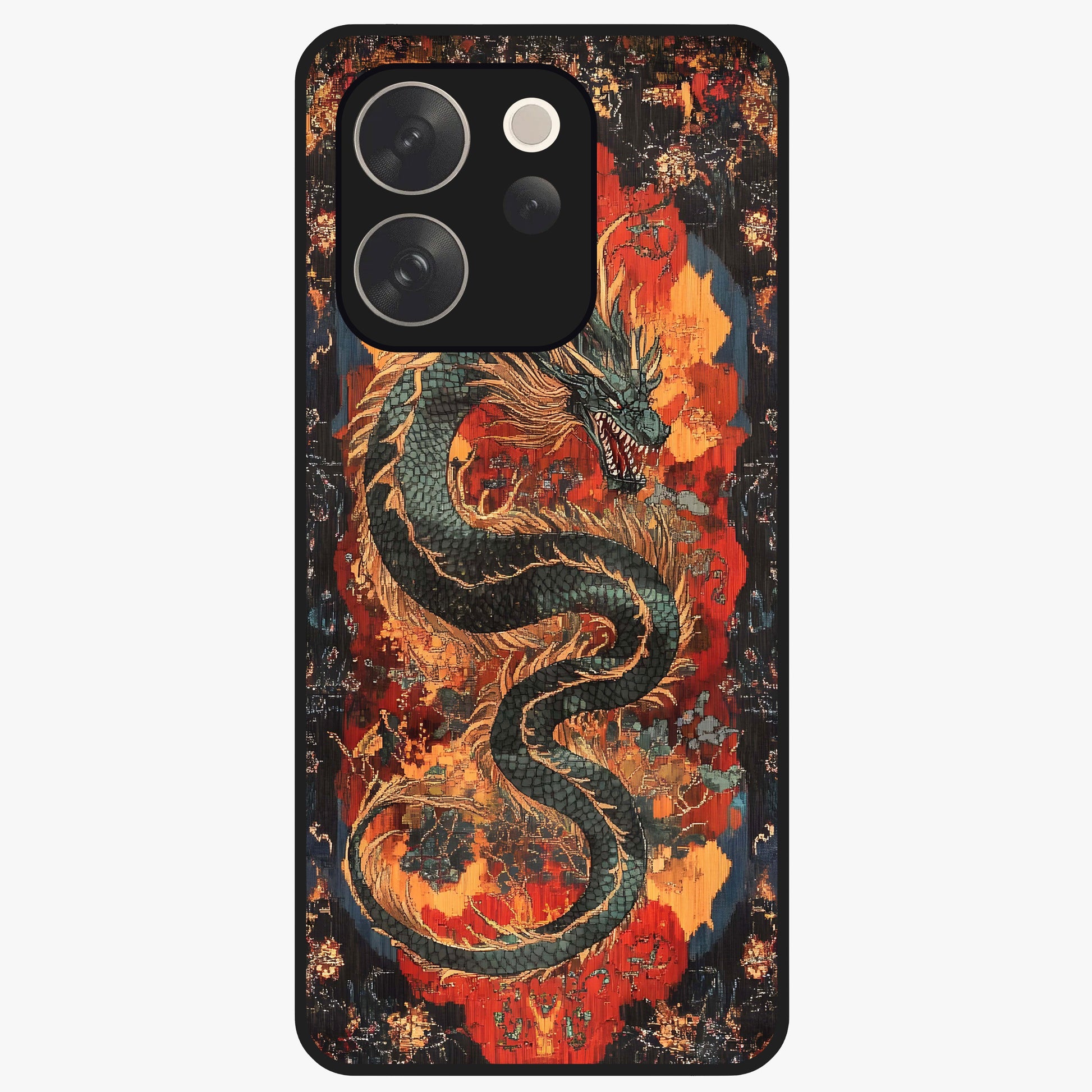 Inferno Dragon Soul Glass Case showing flat back view with fiery dragon artwork and glossy glass finish.