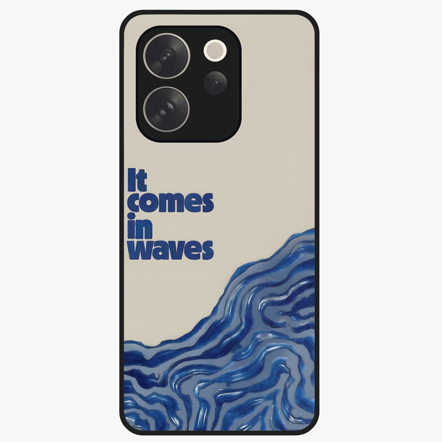It Comes In Waves Quote Glass Case showing flat back view with inspirational wave themed quote artwork and glossy glass finish.