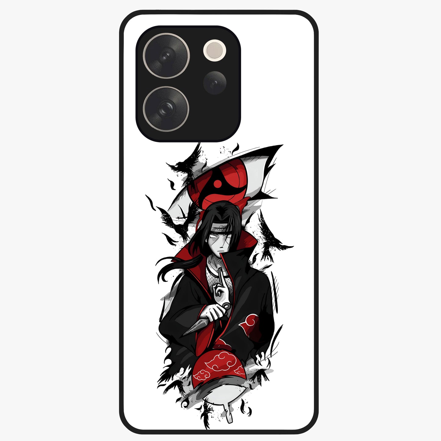Itachi Sharingan Glass Case showing flat back view with powerful anime eye artwork and glossy glass finish.