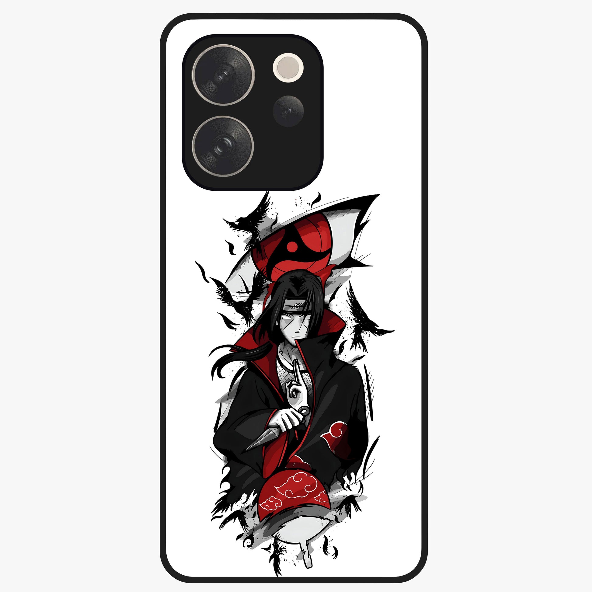Itachi Sharingan Glass Case showing flat back view with powerful anime eye artwork and glossy glass finish.