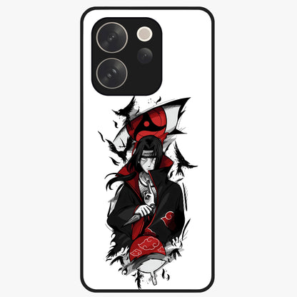 Itachi Sharingan Glass Case showing flat back view with powerful anime eye artwork and glossy glass finish.