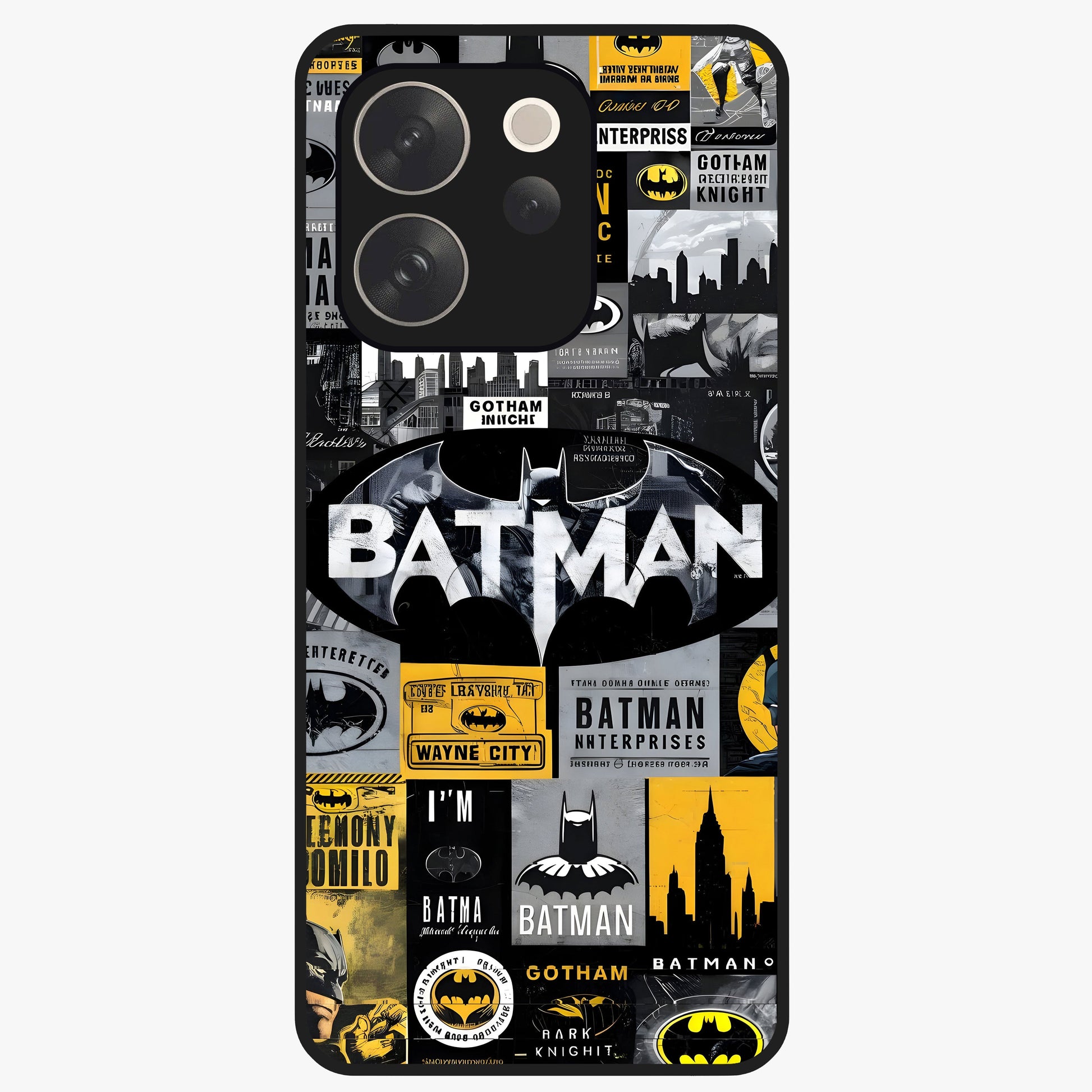 Knight Gotham Rise Glass Case showing flat back view with dark hero inspired artwork and glossy glass finish.