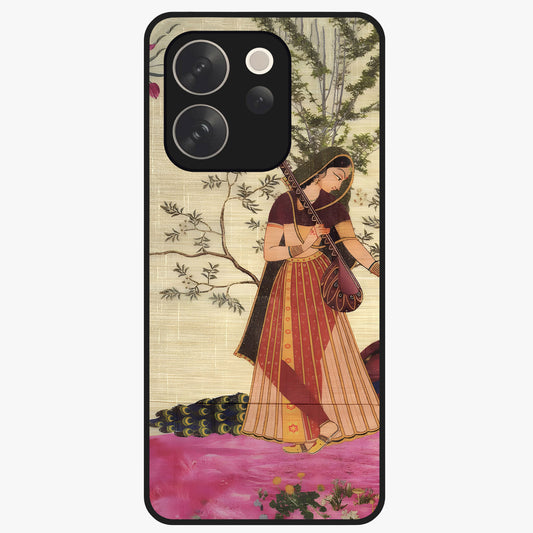 Lady With Veena Art Glass Case showing flat back view with elegant woman playing veena artwork and glossy glass finish.