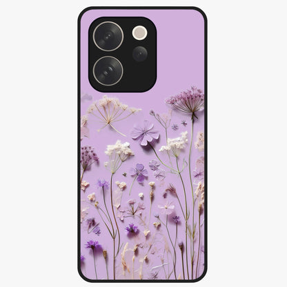 Lavender Blossom Dream Glass Case showing flat back view with soft lavender floral artwork and glossy glass finish.