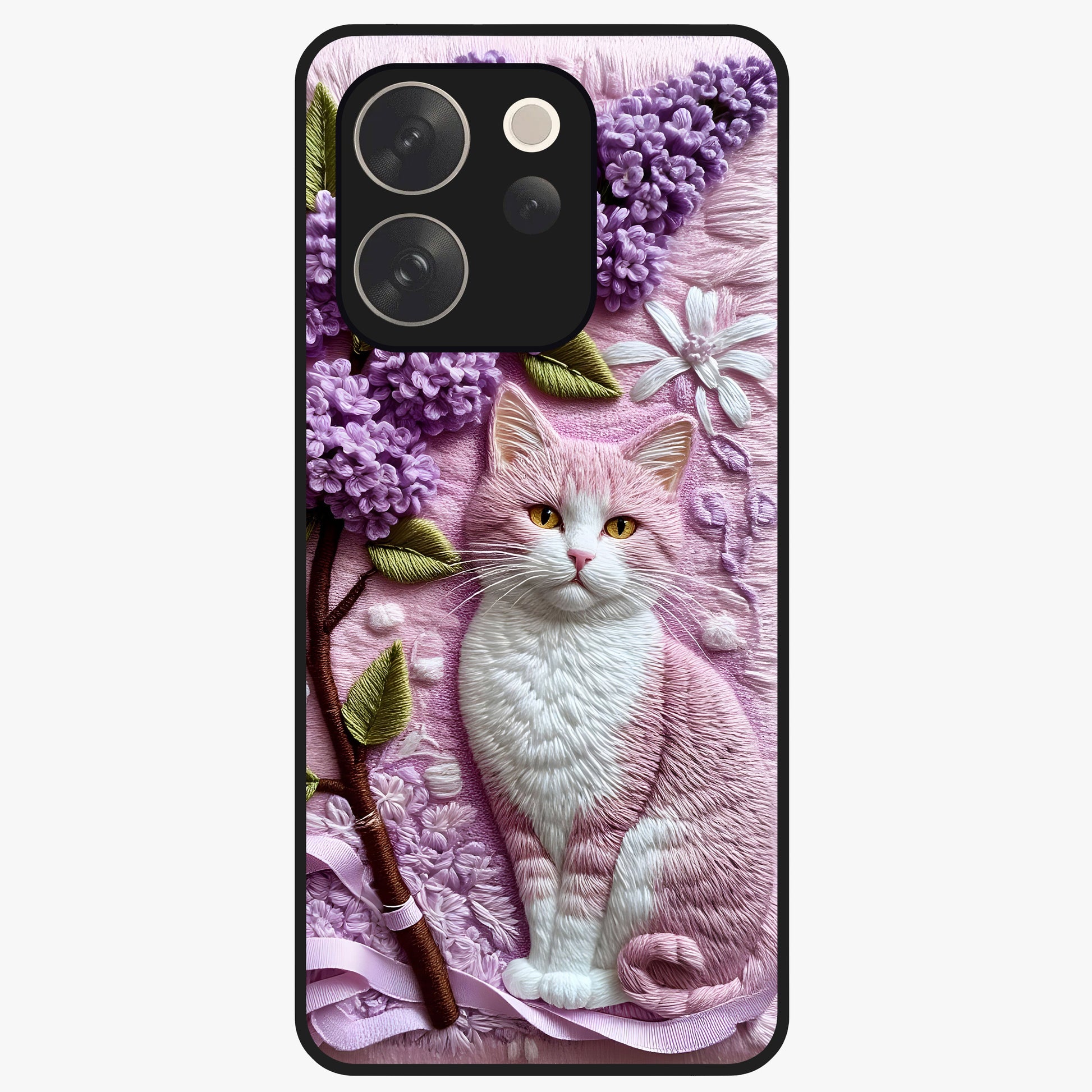 Lavender Cat Whimsy Glass Case showing flat back view with cute lavender cat artwork and glossy glass finish.