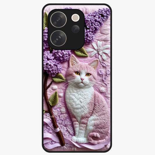 Lavender Cat Whimsy Glass Case showing flat back view with cute lavender cat artwork and glossy glass finish.