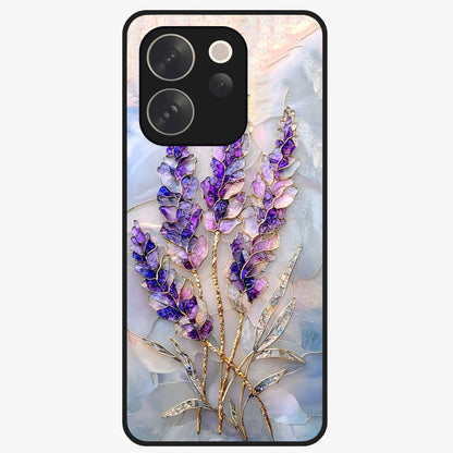 Lavender Dream Glow Glass Case showing flat back view with glowing lavender aesthetic artwork and glossy glass finish.