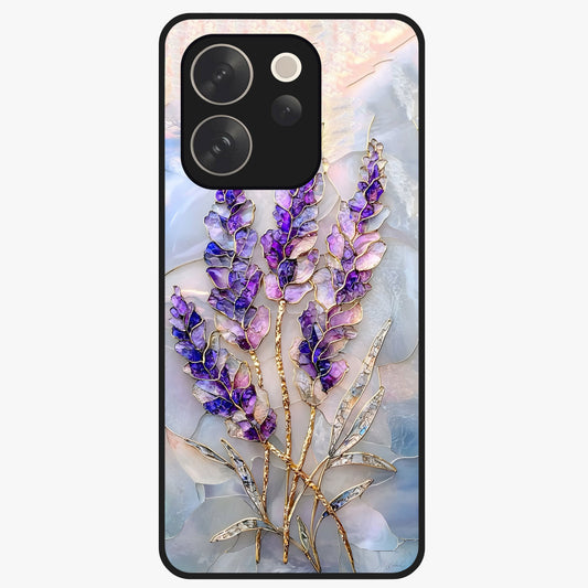 Lavender Dream Glow Glass Case showing flat back view with glowing lavender aesthetic artwork and glossy glass finish.