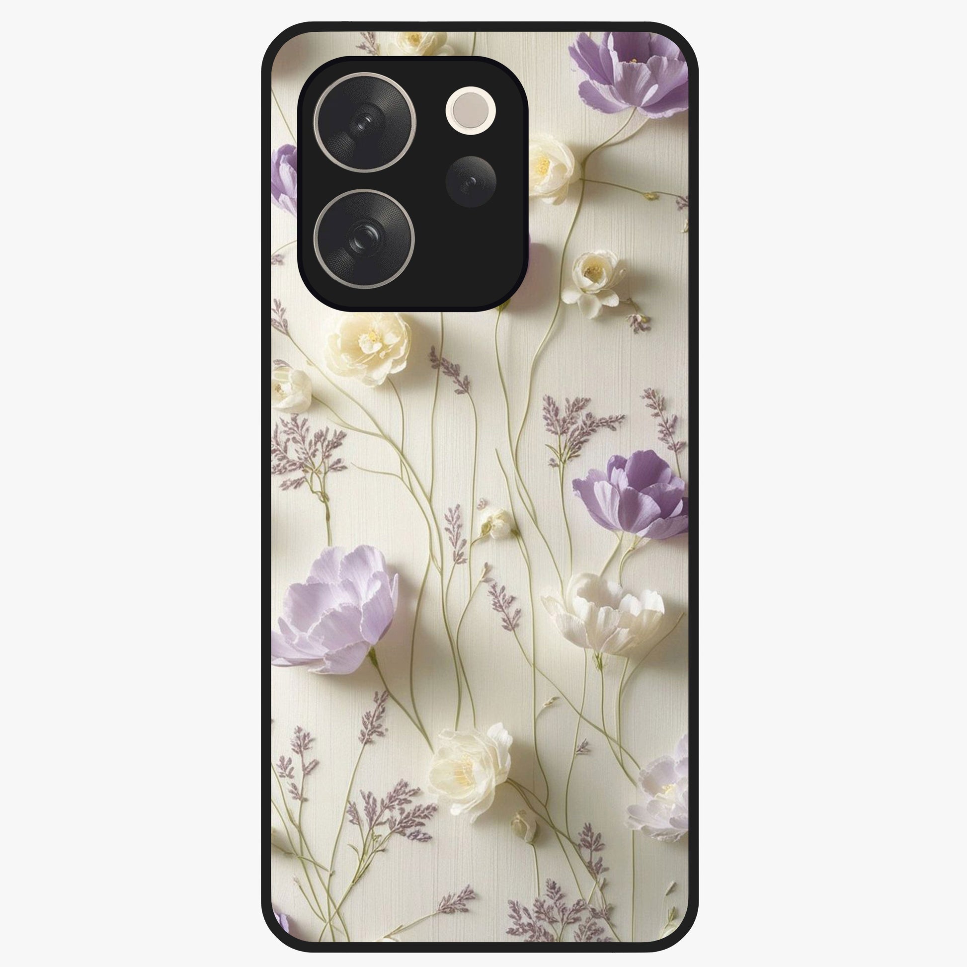 Lilac Breeze Harmony Glass Case showing flat back view with soft lilac themed artwork and glossy glass finish.