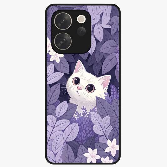 Lilac Hide Peek Cat Glass Case showing flat back view with cute peeking cat artwork and glossy glass finish.
