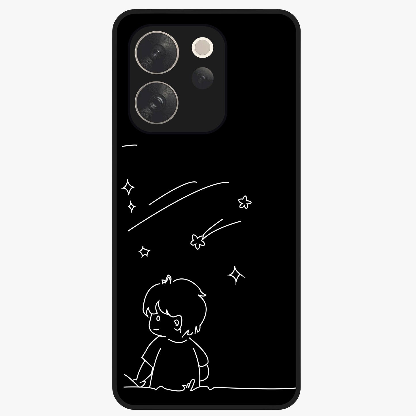 Line Art Boy With Shooting Stars Glass Case showing flat back view with minimal line art boy and shooting stars illustration and glossy glass finish.