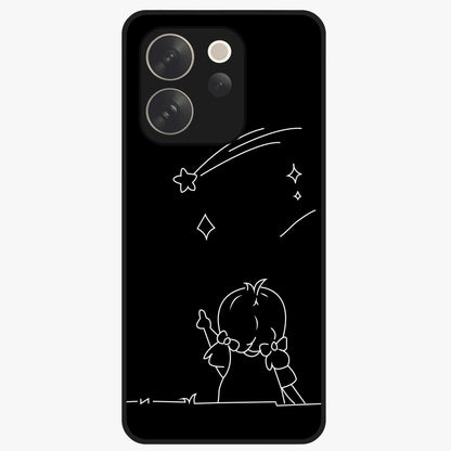 Line Art Girl With Shooting Stars Glass Case showing flat back view with minimal line art girl and shooting stars illustration and glossy glass finish.