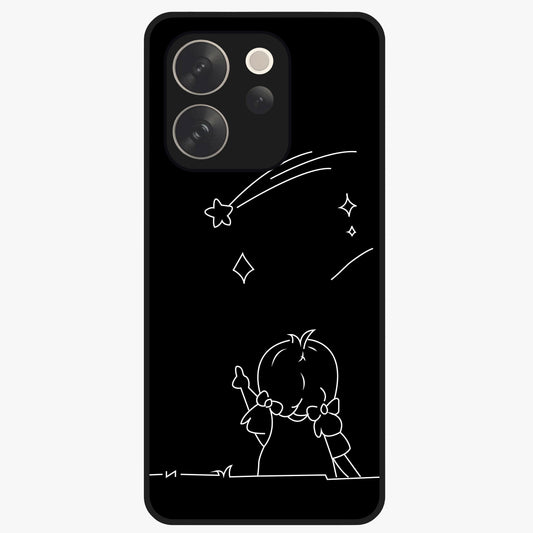 Line Art Girl With Shooting Stars Glass Case showing flat back view with minimal line art girl and shooting stars illustration and glossy glass finish.